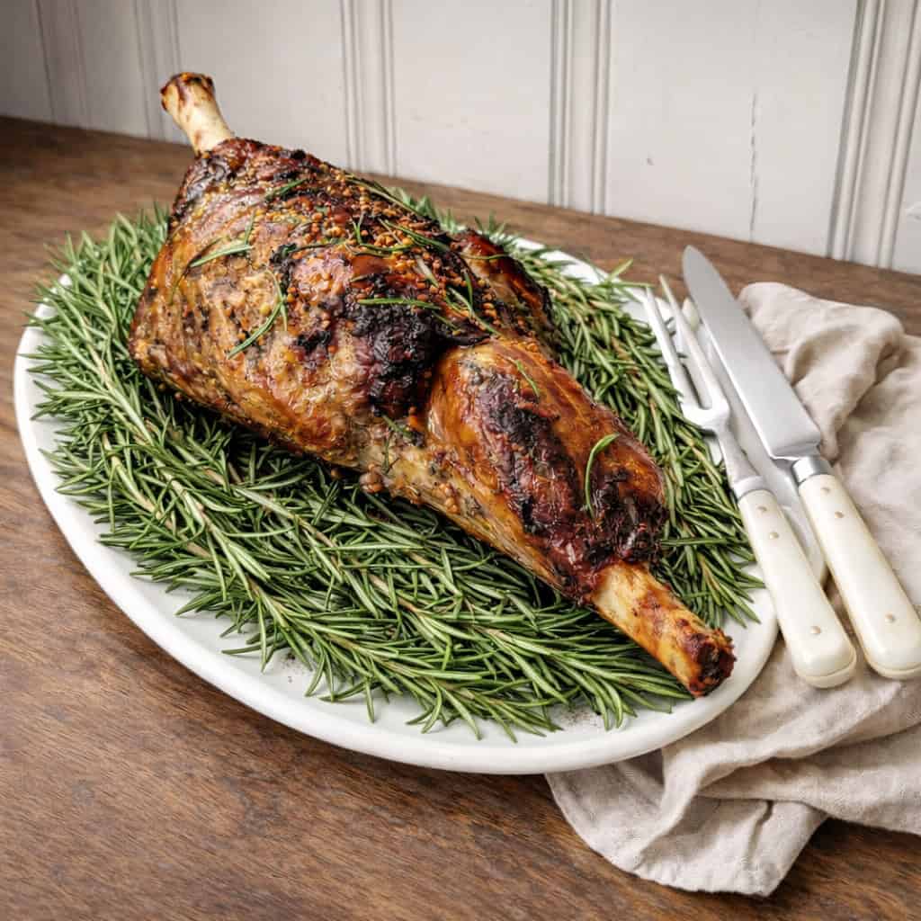 Roasted bone-in leg of lamb with rosemary on a white platter on a wooden countertop