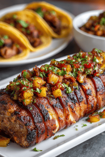 pastor pork baked like meatloaf on a white platter, tacos and salas in the backgournd