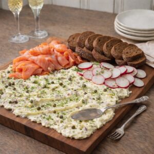 Smoked salmon butter board with thick spread of shallot and caper butter topped with fresh dill, served with cocktail-size brown bread slices, radishes, and a delicate fork on a wood countertop with champagne glasses in the background.